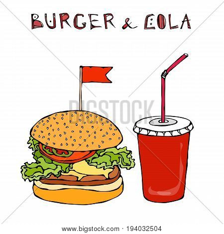 Big Burger, Hamburger or Chisburger and Soft Drink Soda or Cola. Fast food takeout icon. Takeaway food sign. Realistic Hand Drawn Doodle Sketch. Vector Illustration Isolated On a White Background.