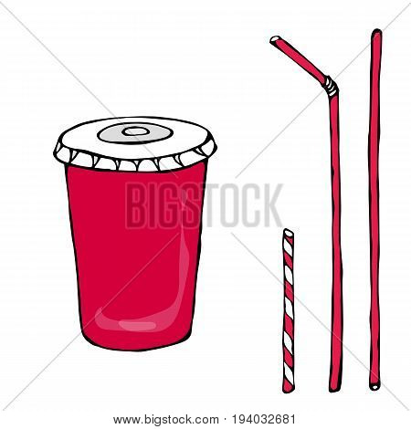 Red Paper Cup with Lid and Straw, Glass for Beverage Takeaway. Realistic Hand Drawn Doodle Style Sketch. Vector Illustration Isolated On a White Background.
