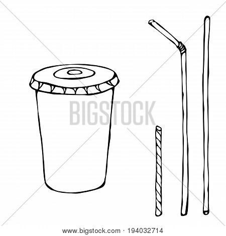 Red Paper Cup with Lid and Straw, Glass for Beverage Takeaway. Realistic Hand Drawn Doodle Style Sketch. Vector Illustration Isolated On a White Background.