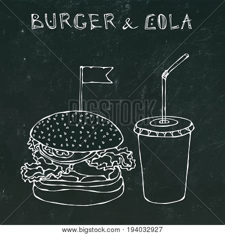 Big Burger, Hamburger or Chisburger and Soft Drink Soda or Cola. Fast food takeout icon. Takeaway food sign. Vector Illustration Isolated on a Black Chalkboard Background. Realistic Hand Drawn Doodle