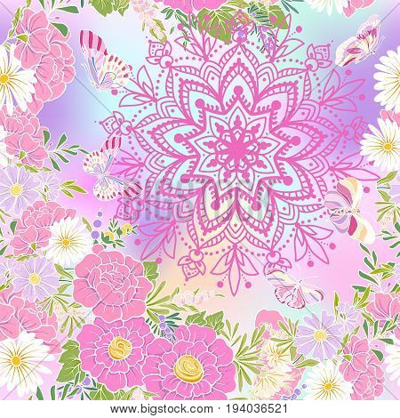 Floral seamless pattern with butterflies Stock vector illustration. In vanilla pastel colors