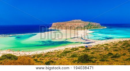View Of The Beautiful Beach In Balos Lagoon And Gramvousa Island On Crete Greece.