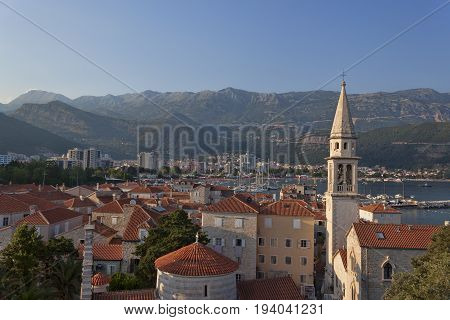 Panoramic view of the old and new parts of Budva. Summer 2017