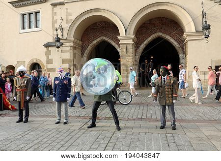 CRACOW POLAND - JULY 5 2017: 30th Street - International Festival of Street Theaters in Cracow Poland. An Odyssey Towards New Shores - a street parade