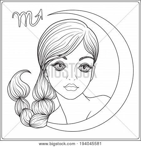 Capricornus,  scorpion. A young beautiful girl In the form of one of the signs of the zodiac.  Outline hand drawing coloring page for adult coloring book. Stock line vector illustration.