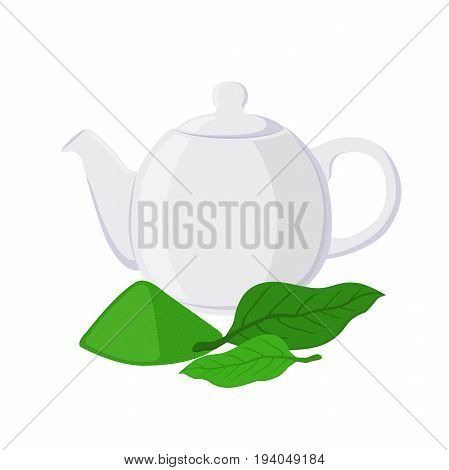 Green tea - asian drink. Teapot, leaves of matcha tea, teakettle. Made in vector cartoon flat style