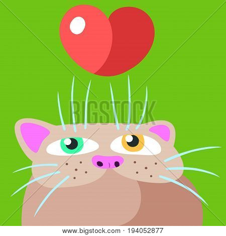Cat in Love. Vector Illustration. Valentine's Day. Funny Cartoon Cool Character. Flat Digital Drawing Cute Character. Green Background. Cheerful Fur Pet for Postcard Web Icons and Shirt.