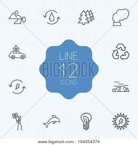 Set Of 12 Atmosphere Outline Icons Set.Collection Of Afforestation, Garbage, Pollution And Other Elements.