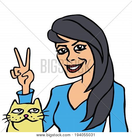 She and Her Cat. Party time. Funny Cartoon Characters. Vector Illustration.