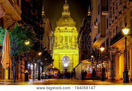 BUDAPEST HUNGARY - MAY 5: St. Stephen's Basilica at night on May 5 2017