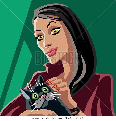 Cartoon red witch and black cat. Funny magical characters. Green background. Vector illustration.