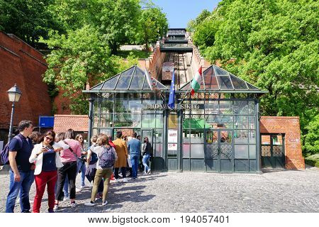 BUDAPEST HUNGARY - MAY 6: Castle hill funicular called Budavari siklo at backround on May 6 2017 in Budapest