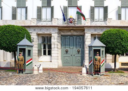 BUDAPEST HUNGARY - MAY 6: Military guard of honor in front of building on May 6 2017 in Budapest