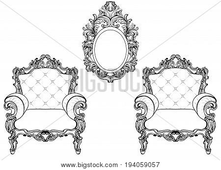Rich Imperial Baroque Rococo furniture and frames set. French Luxury carved ornaments. Vector Victorian exquisite Style decorated frame