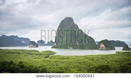 Panorama view of island inside sea near green beach called 'Samet Nangshe' which is attractive place in Phang Nga of Thailand.