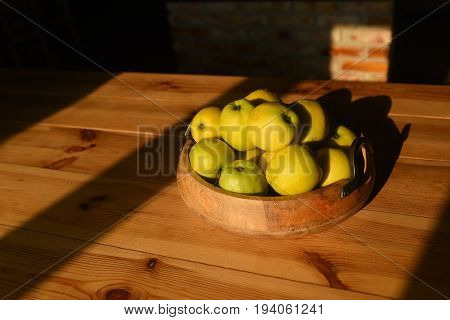 Healthy Green Food With Apples On Wood Plates Desk Background Mock Up
