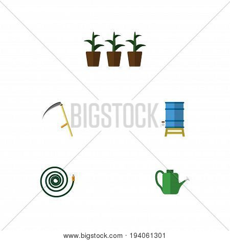 Flat Icon Farm Set Of Hosepipe, Flowerpot, Bailer And Other Vector Objects. Also Includes Scythe, Can Bailer, Container Elements.