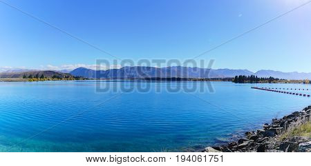 Panoramic image of beautiful scenery of Lake Pukaki Mackenzie District Canterbury region South Island of New Zealand
