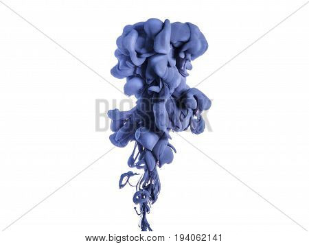 Ink swirl in a water, isolated on white background. The blue paint in the water. Soft dissemination a droplets of colored ink in water close-up. Explosion of color splashes acrylic ink.