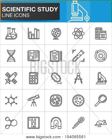 Scientific study line icons set outline vector symbol collection linear style pictogram pack. Signs logo illustration. Set includes icons as lab flask microscope test tube dna cell atom