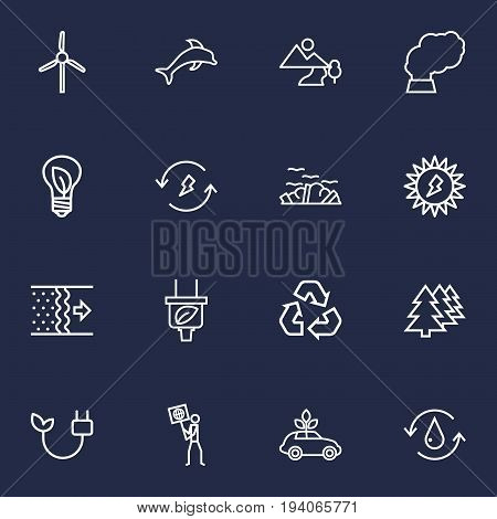 Set Of 16 Bio Outline Icons Set.Collection Of Afforestation, Charge, Garbage And Other Elements.