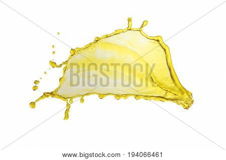 flying beautiful oil splah isolated over white background and drops