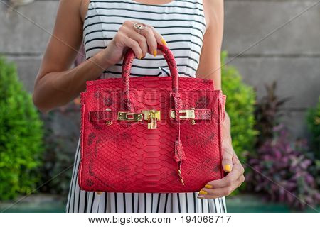 Fashionable woman holding luxury snakeskin python bag. Elegant outfit. Close up of purse in hands of stylish lady. Model posing near the swimming pool.