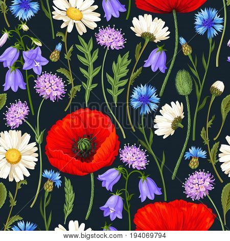 Red poppies, buds and leaves vector seamless background