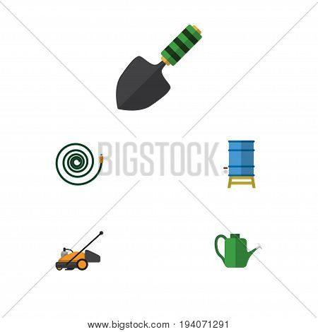 Flat Icon Dacha Set Of Lawn Mower, Bailer, Hosepipe And Other Vector Objects. Also Includes Hose, Garden, Can Bailer Elements.