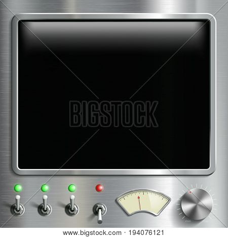 Black screen monitor with dashboard. Vintage Retro device with controller and switch toggle. Stock vector illustration.