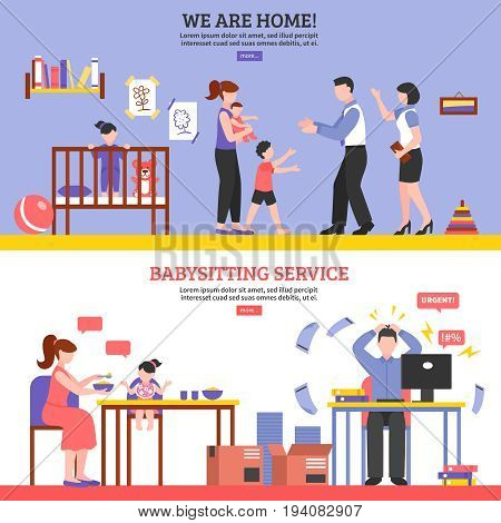 Babysitter horizontal banners set with nanny symbols flat isolated vector illustration