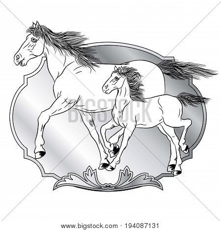Horse with a foal with a design of shields - animals with heraldic design elements.
