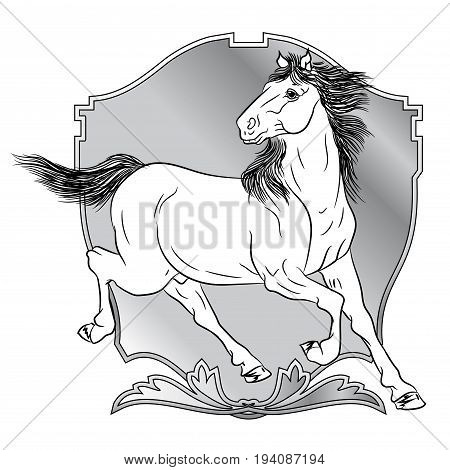 Horses with shields design - animals with heraldic design elements.