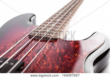 Metallic Volume Treble Guitar Bass Knobs. Electric Guitar. Red Electric Bass Guitar Close-up. Musica