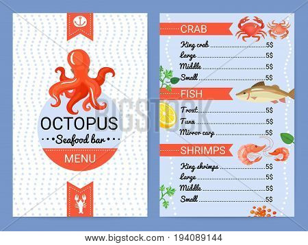 Octopus seafood restaurant bar menu card with crab fish shrimps dishes flat advertisement poster vector illustration