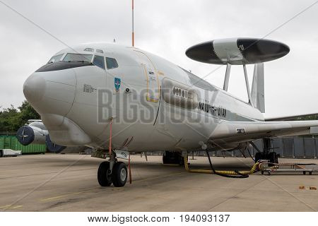 GEILENKIRCHEN GERMANY - JUL 2 2017: NATO Boeing E-3 Sentry AWACS radar plane on the tarmac of Geilenkirchen airbase.