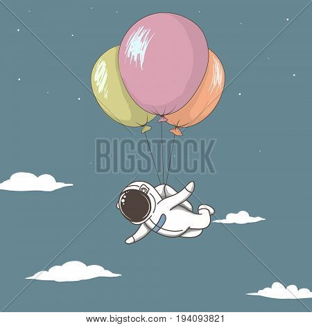 Astronaut fly with many balloons in sky to space.Cartoon style.Childish vector illustration