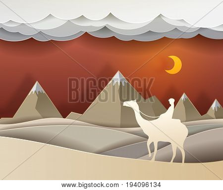 Man riding a camel in the desert at night vector paper art cute illustration paper cut