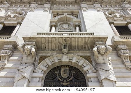 Porto City Hall facade detail located at Avenida dos Aliados. A Neoclassical building designed by the architect Antonio Correia da Silva construction started 1920. Porto Portugal.