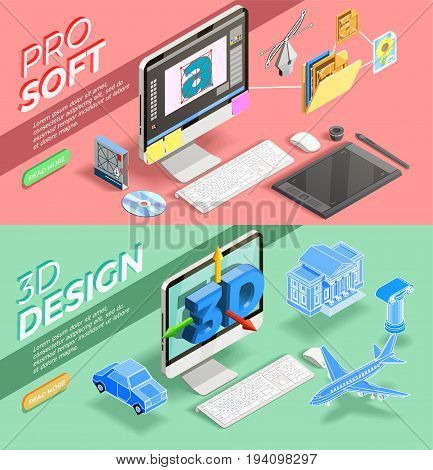 Graphic 3d design and various tools for work of designer horizontal isometric banners set isolated vector illustration