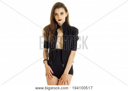 cute girl with big brests in jacket and high panties isolated on white background