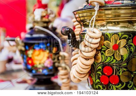 decorated russian traditional samovar, russian national tea ceremony