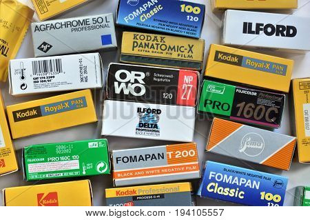 NACHOD, CZECH REPUBLIC - FEBRUARY15, 2017: Various vintage negative films in boxes, equipment for analogue medium format cameras