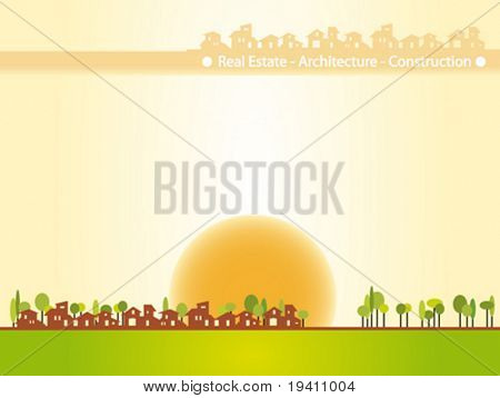 宣传册封面-房地产、 建筑、 建筑工程公司。温暖的色调，房子剪影