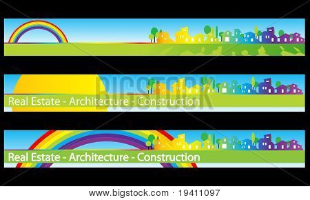 Web-Banner, Visitenkarte Immobilien, Architektur, Bau Unternehmen Häuser Silhouetten und