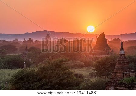 Beautiful landscape of ancient pagoda and temple in Bagan archaeological site at sunset famous destination in Mandalay Region Myanmar (Burma) and Southeast Asia
