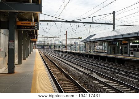 NEWARK, NEW JERSEY, USA - APRIL 25, 2016: At a platform of Newark Liberty International Airport train station