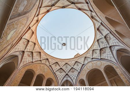 circle skylight inside of Tabatabaei House a historic house in Kashan Iran. It was built in early 1880s for the affluent Tabatabaei family