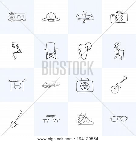 Set Of 16 Editable Camping Icons. Includes Symbols Such As Eyeglasses, Boat, Caravan And More. Can Be Used For Web, Mobile, UI And Infographic Design.