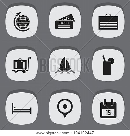 Set Of 9 Editable Travel Icons. Includes Symbols Such As Date Block, Location, Yacht And More. Can Be Used For Web, Mobile, UI And Infographic Design.
